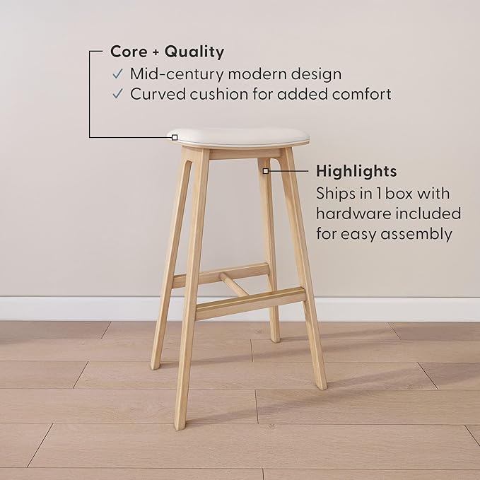 Plank+Beam Beryl Bar Height Stool - Mid-Century Modern Rubberwood Bar Stool with Faux Leather Seat, Metal Footrest, Easy Assembly, Blonde/Sesame