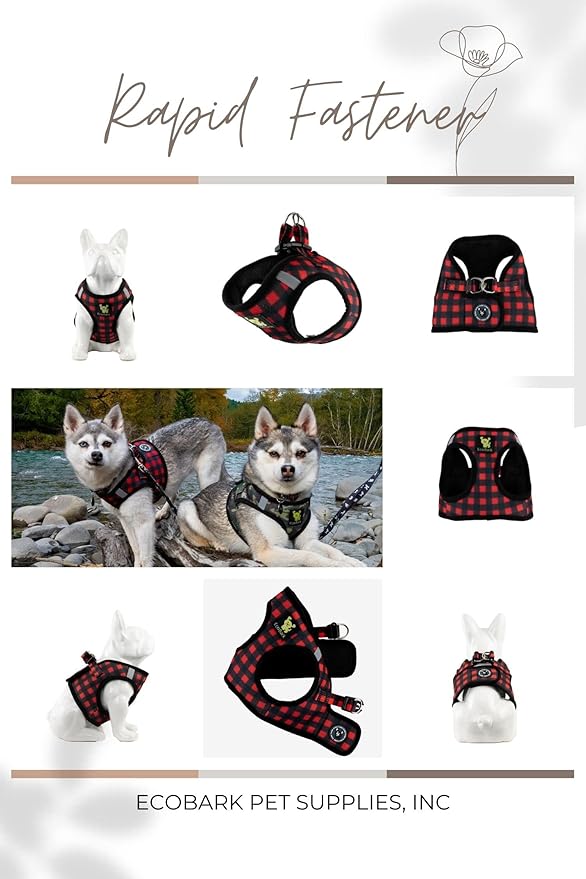 EcoBark Step in Dog Harness - Eco-Friendly Teacup Dog Harnesses for XXS, XS, and Small Dogs - Reflective and Adjustable Mini Body Halter Vest -Tiny Soft Mesh Toy Breed Harness (XXXS, Plaid)