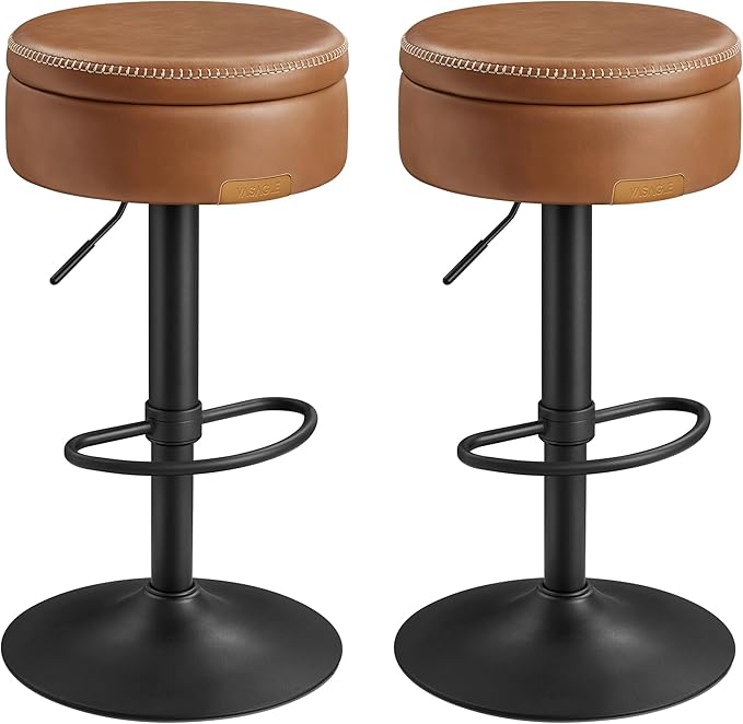 VASAGLE EKHO Collection - 360° Swivel Bar Stools Set of 2, Height Adjustable Barstools with Storage, Synthetic Leather with Stitching, Mid-Century Modern, Kitchen Bar, Easy Assembly, Caramel Brown