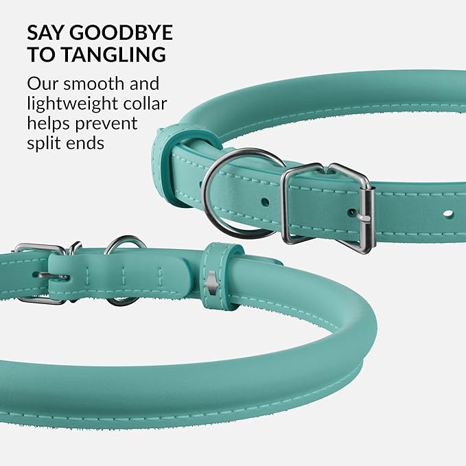 CollarDirect Rolled Leather Dog Collar, Soft Padded Round Puppy Collar, Handmade Genuine Leather Collar Dog Small Large Cat Collars 13 Colors (12-15 Inch, Mint Greent Smooth)