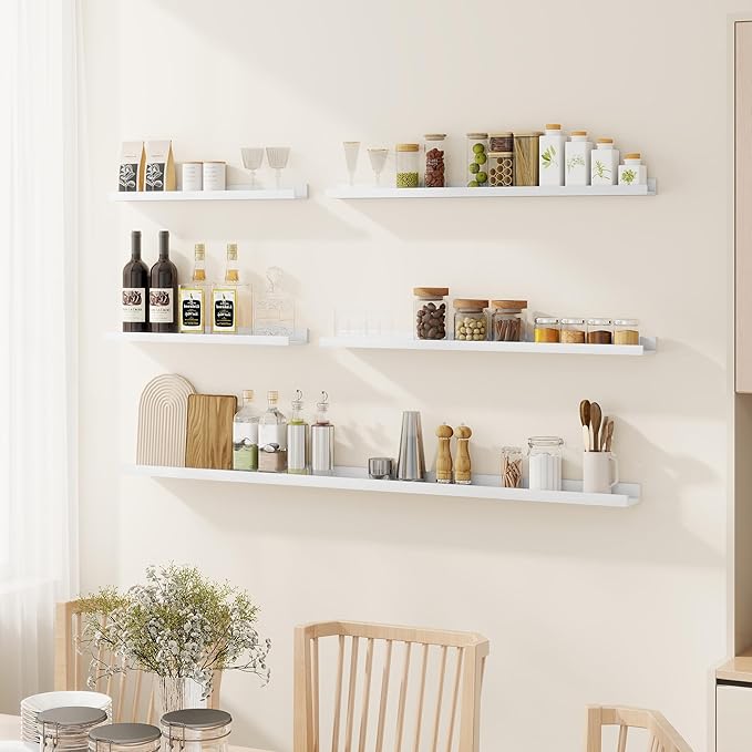 Fun Memories Picture Ledge Shelf - 30 Inches Floating Shelves Set of 4 - Floating Shelves with Lip for Storage - Wood Bookshelf Wall Mounted for Bedroom - Living Room - Kitchen - White Color