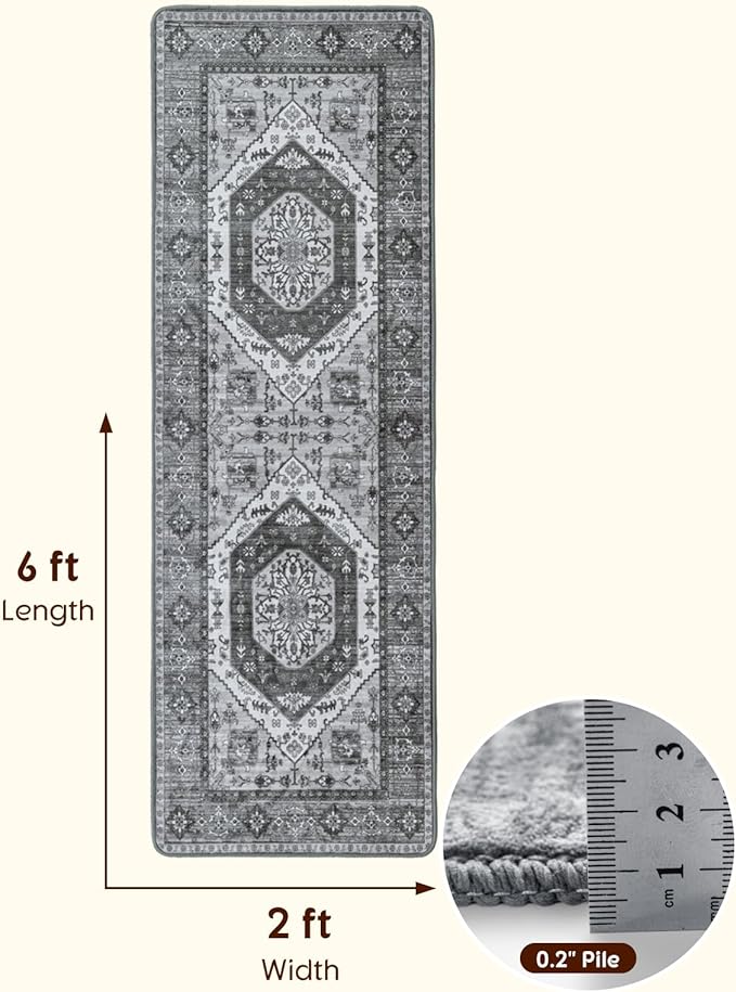 LBRO2M Boho Runner Rug 2X6 Hallway Rug Non Slip Washable Runners for Hallways, Bedroom, Kitchen Laundry Room Pet Friendly Area Rugs (2X6, Deep Gray)