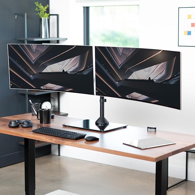 VIVO Freestanding Dual Ultrawide Monitor Stand with Sleek Glass Base and Adjustable Arms, 2 Screens up to 38 inches and 22 lbs Each, Black, STAND-V038FG