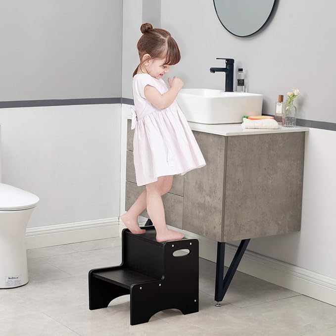 WOOD CITY Step Stool for Kids, Wooden Toddler Step Stool with Safety Non-Slip Mats and Handles for Kitchen, Bathroom Sink & Potty Training - Black