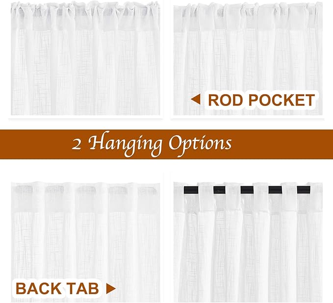 NICETOWN Semi Sheer Linen Curtains for Bedroom, Rod Pockets & Back Tab Linen Sheer Window Treatments Privacy with Light Penetration for Flat/Apartment, White, W42 by L72, Set of 2