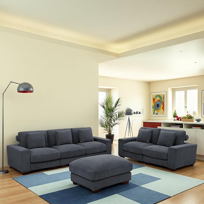 Sectional Couches for Living Room, Stylish Sectional Loveseat Sofa with Ottoman & Deep Seats, Living Room Furniture Home Sofa for Adults, Blue Gray