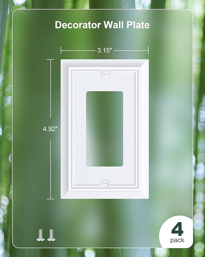 4-Pack Decorator Wall Plate Cover, Pure White Decorative Switch Plates and Outlet Covers, Durable Natural Bamboo Fiber Wall Plates for Electrical Outlets, Receptacle, GFCI Outlet, Dimmer Switch