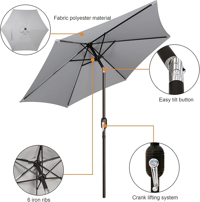 Blissun 7.5 ft Patio Umbrella, Yard Umbrella, Outdoor Market Umbrella with Push Button Tilt Crank, Grey