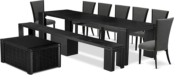 X07VE-BC6-50 - 10-Pc Dining Table Set a Kitchen Table with a coffee Table and wooden Bench & 7 Dark Gotham Grey Linen Fabric Dinner Chair, 39x120 Inch, Wire Brushed Black