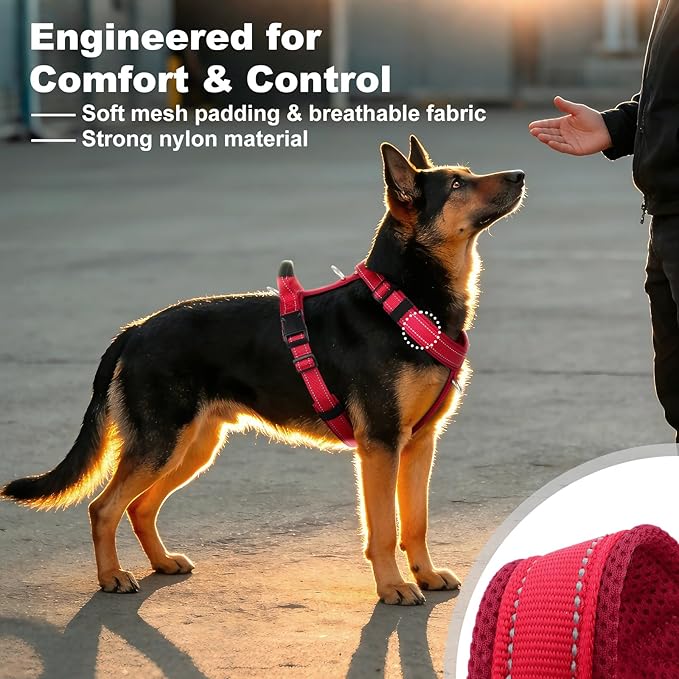 No Pull Dog Harness with Handle, Soft Mesh Padded Adjustable for Small Medium Large Dogs | Reflective Easy Walk Harness with Front Clip for Training, Running & Outdoor (Red, XL)