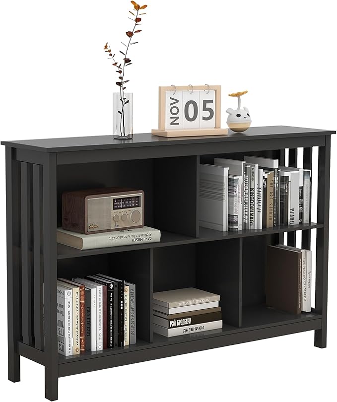 TaoHFE Short Bookshelf with 2-Layer 5 Cube Shelf,Wooden Bookcase Modern Minimalist Style, Horizontal Bookshelf for Living Room, Classroom, Bedroom, Book Shelf with Storage Cube Bookcase, Black