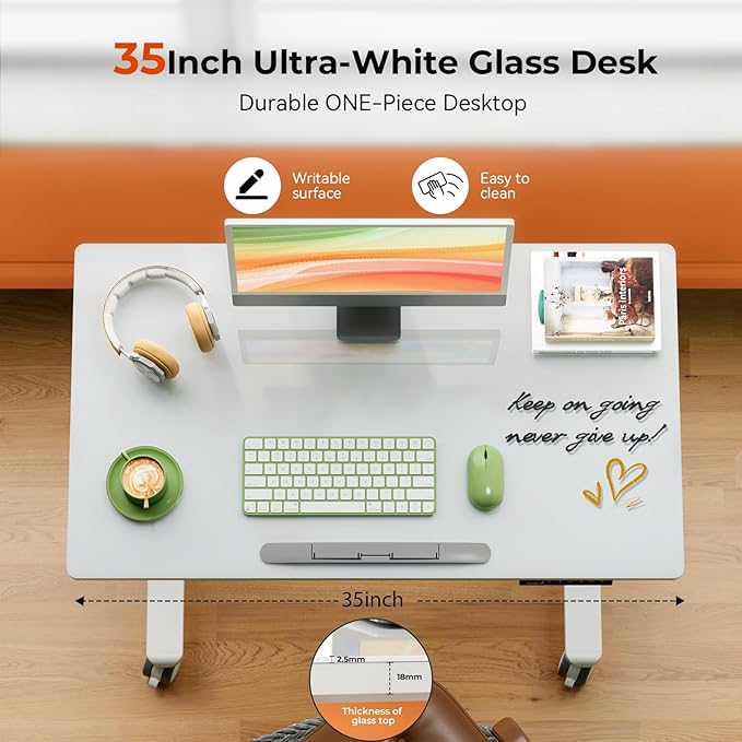35inch Glass Standing Desk，90° Tiltable Mobile Rising Desk Height Adjustable，Whole Piece Rolling Sit Stand Table with Wheels，Foldable Small Laptop Desk，White