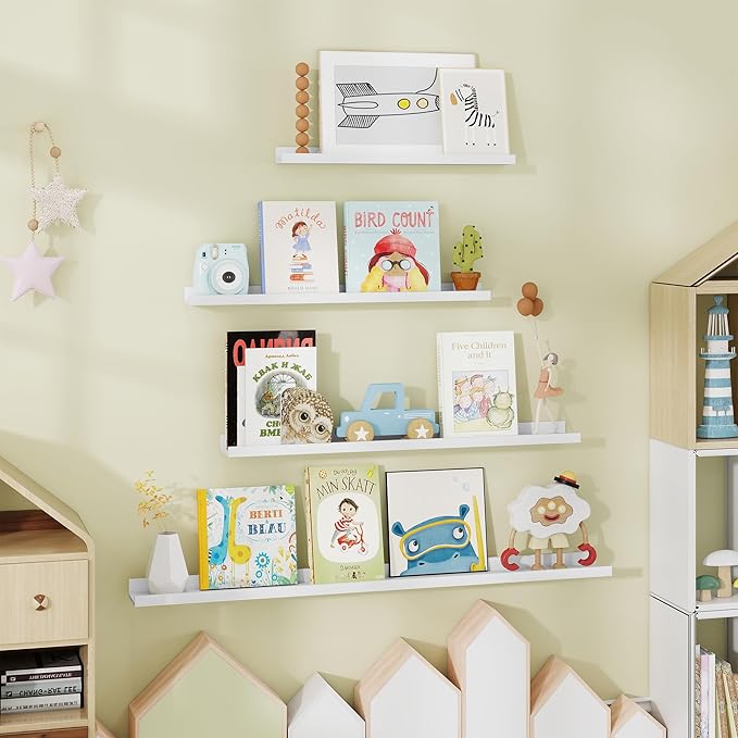 Fun Memories Picture Ledge Shelves Set of 4-48 Inch Shelves with Lip - Large Nursery Bookshelf for Storage - Floating Shelf Wall Mounted for Living Room - Bedroom -Kitchen - White Color