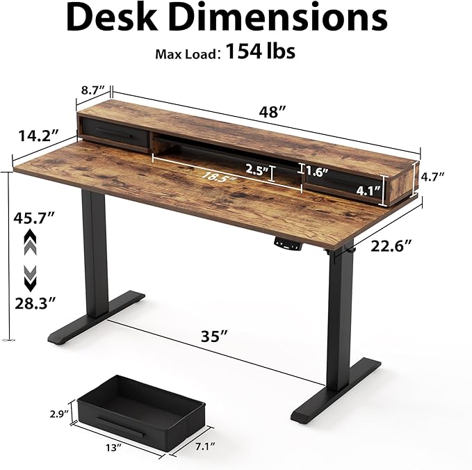 Agilestic 48 Inch Electric Standing Desk with Drawers, Adjustable Desk with Storage Shelf, Stand Up Home Office Computer Table, Splice Board, Rustic Brown