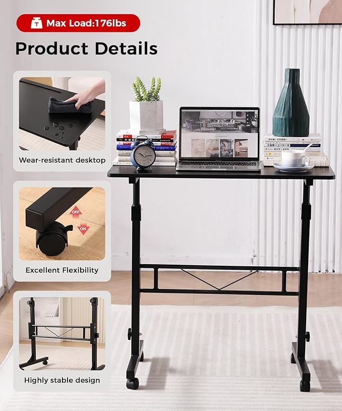 Standing Desk Adjustable Height, Mobile Stand Up Desks with Wheels Small Computer Desk Rolling Desk, Portable Laptop Desk Black Standing Table Sit Stand Home Office Desks 16"x31.5" Height 27"-43.5"