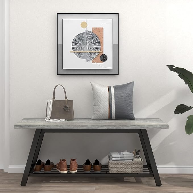Grey Storage Bench Industrial Rustic Wooden and Metal Entryway Shoe Boots Storage Rack Long Bench Seat for Hallway Bedroom Rustic Farmhouse Style
