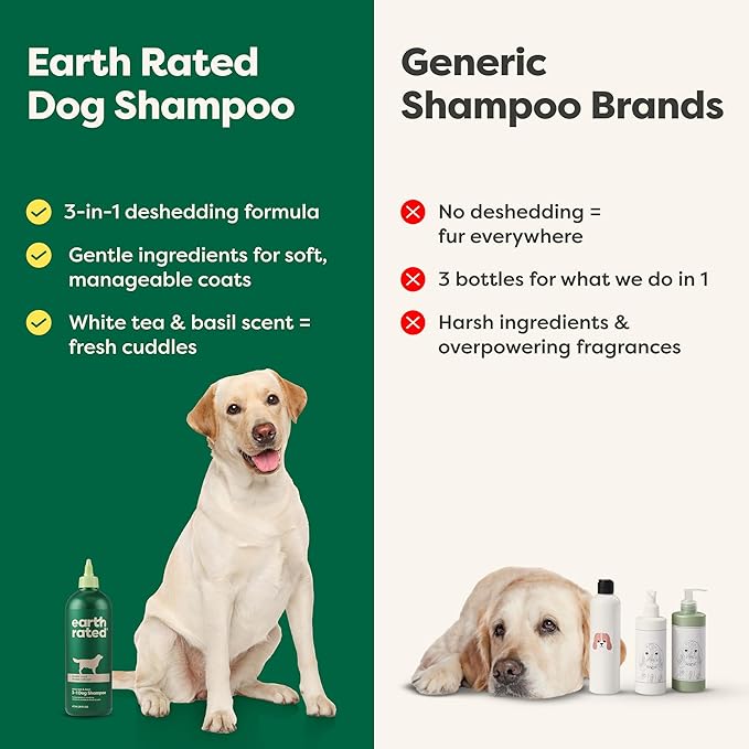 Earth Rated 3-in-1 Deshedding Dog Shampoo and Conditioner, Deodorizing Oatmeal Shampoos for Dogs and Puppies, Great for Smelly Pets, White Tea and Basil Scent, 16 oz