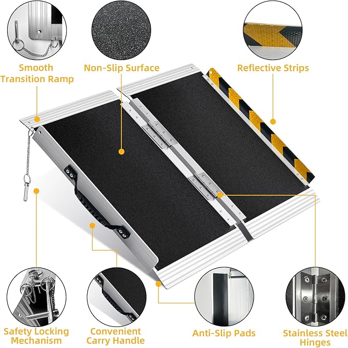 2FT Portable Wheelchair Ramp, Non-Slip Aluminum Folding Handicap Ramp for Home Steps, Stairs, Threshold and Doorways, Scooter Ramps, 800LBS Capacity