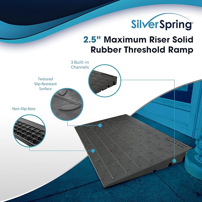 Silver Spring Threshold Ramp, Solid Rubber 2.5" Maximum Riser with 3 Channels, Black