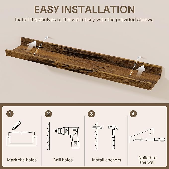 Fun Memories Long Wall Shelves Set of 2-60 Inch Floating Shelves for Wall - Picture Ledge Shelf with Lip for Storage - Wall - Mounted Shelves for Bedroom - Living Room - Kitchen - Rustic Brown