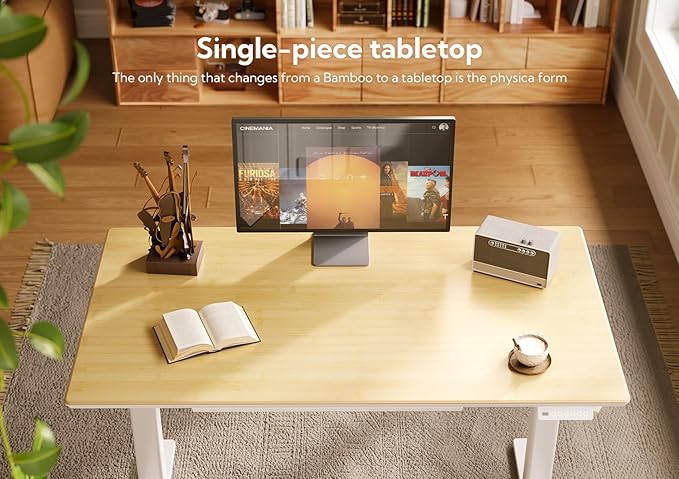 INNOVAR Bamboo Standing Desk with Drawers, 55" Adjustable Stand Up Electric Home Office Desk with Whole-Piece Board, White Frame/Bamboo Top