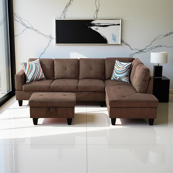 Couches for Living Room Modern L Shaped Couch Comfy Sackcloth Fabric 3 Pieces Sectional Sofa with Chaise, Ottoman with Storage for Office and Small Apartment, Brown