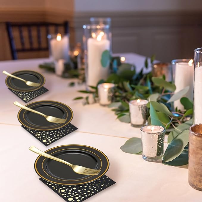 Stylish 7.5 Inch Gold and Black Cake Plates with Disposable Forks and Cocktail Napkins (100 Set of Each) - Small Appetizer Plates, Disposable Cake Plates or Salad Plate - Black Plastic Dessert Plates
