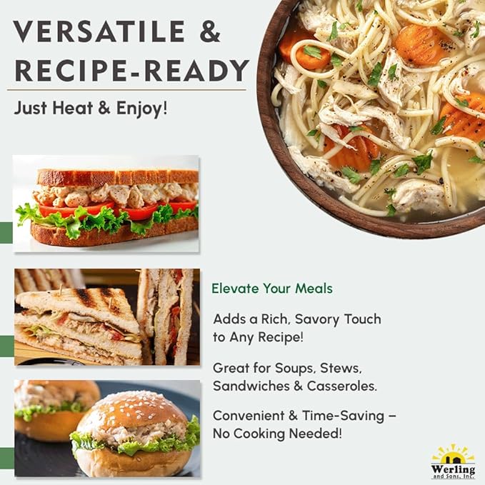 Werling & Sons Canned Chicken 14.5 Oz??Fully Cooked, Ready to Eat | Premium Quality, Recipe-Ready Canned Meat | 5-Year Shelf Life | Pantry Staple for Camping, Survival & Emergency Use | Made in USA | Pack of 12
