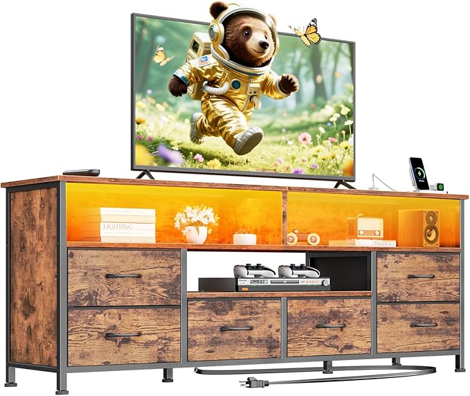 Furologee 55" LED TV Stand for Bedroom with Power Outlets, Entertainment Center with 6 Fabric Drawers for 50/55/60 inch TVs, Dresser TV Stand Long Console Media Table for Living Room, Rustic Brown