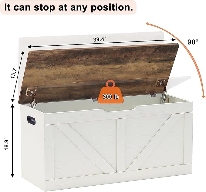 39.4" Storage Chest, Wooden Storage Bench, Large Storage Trunk with 2 Safety Hinges, Entryway Shoes Bench for Living Room, Bedroom, Brown and Rustic White