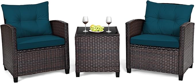HAPPYGRILL 3 Pieces Patio Conversation Set, Outdoor Furniture Set PE Rattan Sofa Set with Removable Cushions, PE Wicker Chairs with Tempered Glass Side Table for Porch Lawn Garden Balcony Backyard