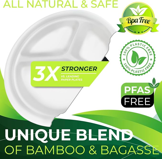 150-Piece 100% Compostable 10in Paper Plates, 3-Compartment Heavy Duty Disposable Eco-Friendly Biodegradable Sugarcane Fiber Plates