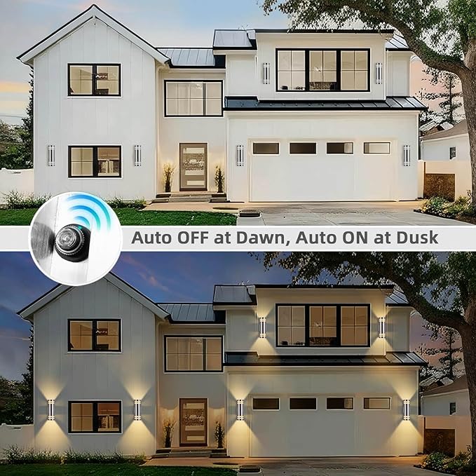 RAYVO Dusk to Dawn Outdoor Wall Light, Up Down Stainless Steel Exterior Light Fixture with Photocell Sensor, Waterproof Outdoor Sconce Lights for House Porch Garage Patio, LED Bulbs Included