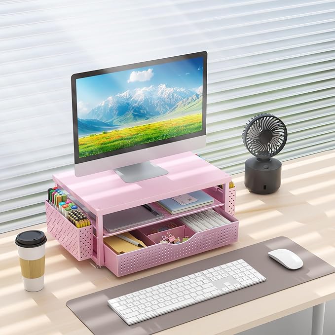 gianotter Wood Monitor Stand Riser, Desk Organizer with Drawer and 2 Pen Holders, 2-Tier Workspace Organizer for Office Supplies(Pink Wood)