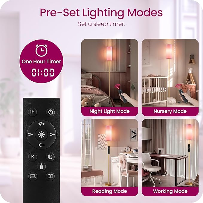 Dimmable Pink Floor Lamp for Living Room with Remote and Foot Switch, Corner Floor Lamp, 64.4'' Standing Tall Lamp, 10W 900LM Bulb Included, 3000K-6500K, Linen Shade, Gold Pink, FCC Listed DP06LD05W1