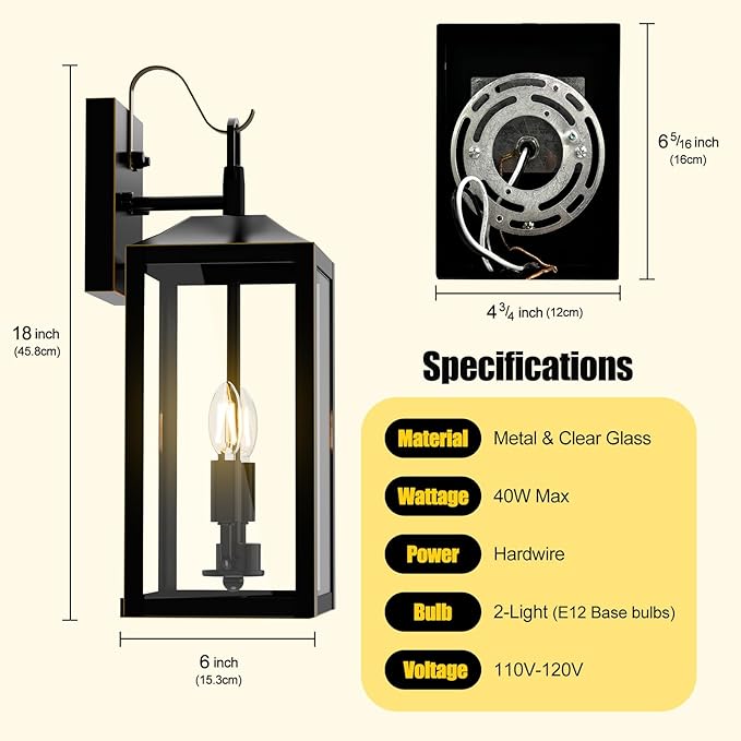 18'' Large Outdoor Wall Lights, Exterior Waterproof Modern Wall Sconce Light Fixture, Industrial Front Porch Light with Clear Glass, Matte Black Gold Anti-Rust Outdoor Lights for House Garage Doorway