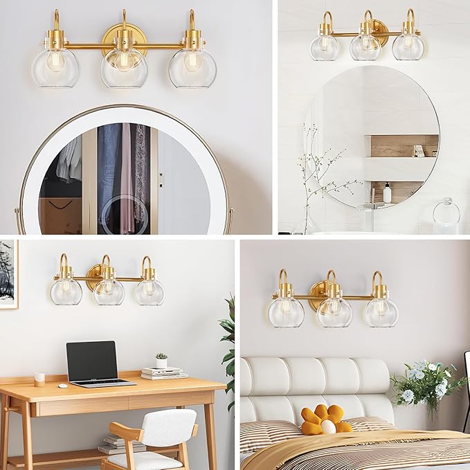 3-Light Vanity Light, Brushed Brass Bathroom Light Fixtures, Farmhouse Wall Sconces with Globe Clear Glass Shade, Porch Wall Mount Lamp for Mirror, Kitchen, Porch, Living Room, Workshop (E26 Base)