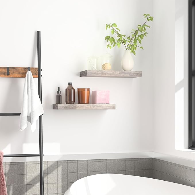 HOOBRO Floating Shelves for Wall, Wall Mounted Shelf Set of 2, 15.7" Hanging Shelf with Invisible Brackets, for Wall in Bathroom, Bedroom, Toilet, Kitchen, Living Room, Office, Greige BG40BJ01