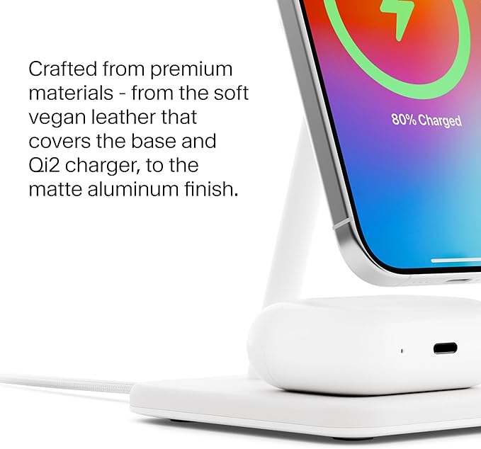 Twelve South HiRise 2 Deluxe 2-in-1 Wireless Charging Station for Apple Devices - Qi2 MagSafe Charger, Fast Wireless Charger Stand for iPhone 15 14 13 12 Pro & Max Series, AirPods Pro/3/2, White