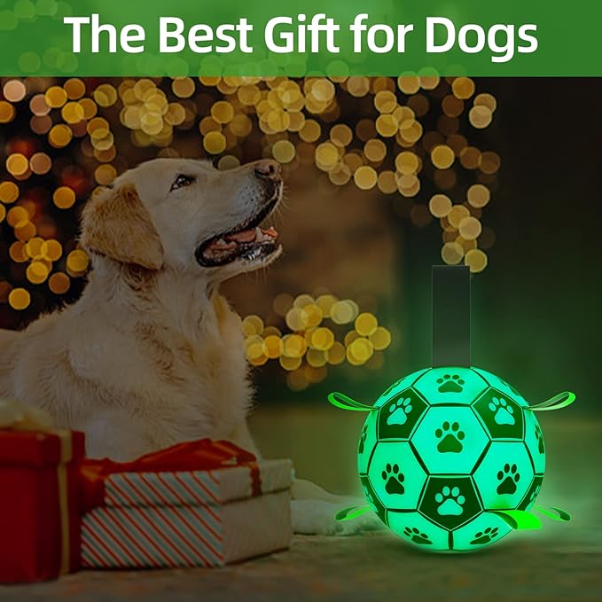 QDAN Glow in The Dark Dog Toys Soccer Ball with Straps - Light Up Dog Balls for Large Dogs, Interactive Dog Toys with Strap for Tug of War,Puppy Birthday Gifts (8 Inch)