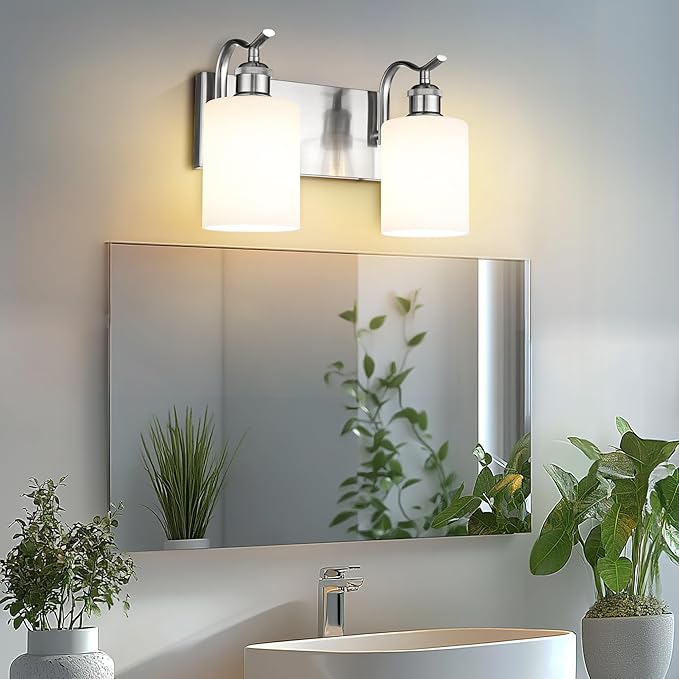 Milk Glass Bathroom Light, 2-Light Vanity Light Fixture, Brushed Nickel Wall Sconce, VL01BNW-2