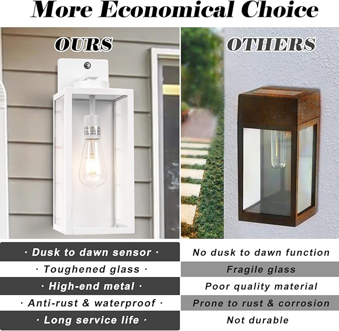 16-inch White Dusk to Dawn Outdoor Wall Light Fixtures, Exterior Waterproof Wall Lanterns, Large Porch Sconces Lighting, Modern Outside Lights for House Patio Front Door Entryway, 2-Packs