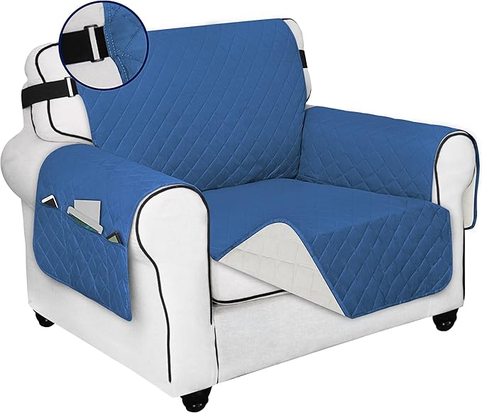 PureFit Reversible Sofa Cover Water Resistant Chair Couch Cover, Machine Washable Furniture Cover with Non-Slip Foam and Adjustable Strap for Dogs, Pets (Chair, Blue/Ivory)