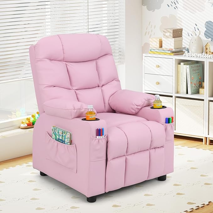 Costzon Kids Recliner Chair with Cup Holder, Adjustable Lounge Chair w/Footrest & Side Pockets for Children Boys Girls Room, Ergonomic Toddler Furniture Sofa, Kids Pink Recliner (Pink)