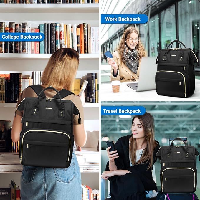LOVEVOOK 17 inch Laptop Backpack Women, Large Travel Computer Back Pack with USB Charging Port, Anti Theft Backpack for Women Teacher Nurse Work, College Business, Black