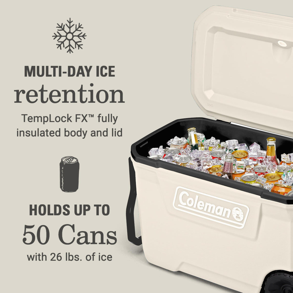 Coleman Classic Series Insulated Portable Cooler, Leak-Resistant Outdoor Hard Cooler Keeps Ice up to 5 Days, 62 Quart, Desert Sand