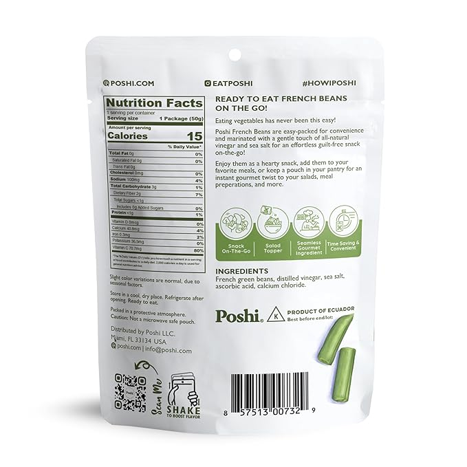 POSHI Marinated French Green Bean Snack Pack | Original Flavor | Keto, Vegan, Paleo, Non GMO, Low Carb + Calorie, Gluten Free, Fully Cooked Vegetables, Gourmet, Healthy, All Natural (10 Pack, 1.76 oz)