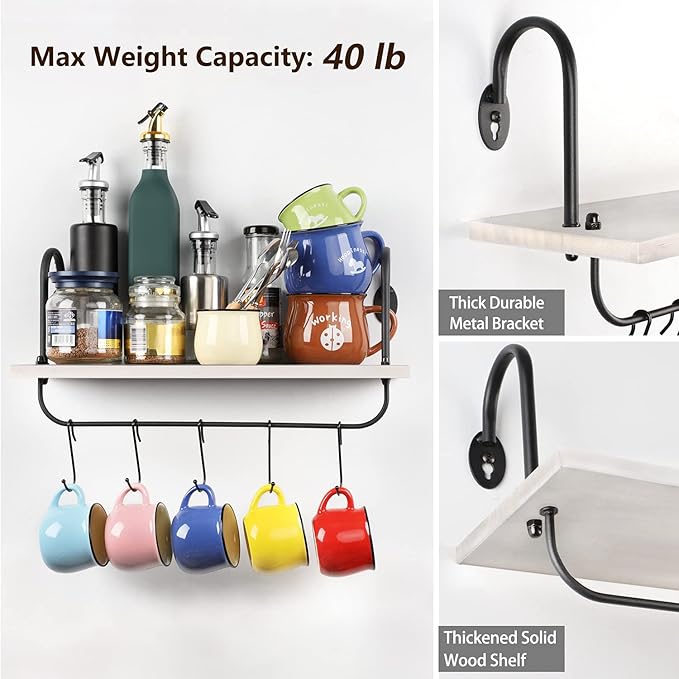 Olakee Floating Wall Shelves for Kitchen Bathroom Coffee Nook with 10 Adjustable Hooks for Mugs Cooking Utensils or Towel Rustic Storage Shelves Set of 2/17x5.9 inch (White)