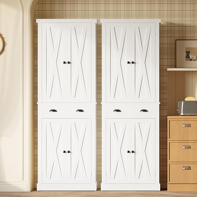 IRONCK Kitchen Pantry Storage Cabinet 72.6" H x 24" W, with Barn Doors, Drawer, 4 Adjustable Shelves, Freestanding Cupboard, Laundry, White