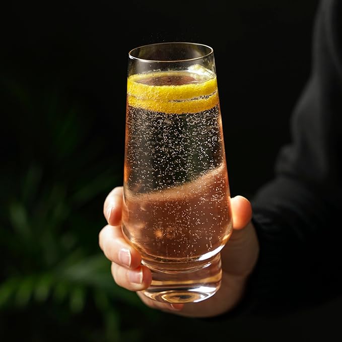 Viski Weighted Stemless Champagne Flutes - Modern Crystal Wine Martini Mimosa Cocktail Glasses Round Footed Base, Bar Fluted Glassware, Housewarming Wedding Champagne Gift - Set of 2, 9.5oz, Clear